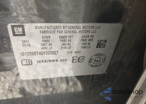 2016 Chevrolet Malibu 1Lt из США, поврежденный, VIN 1G1ZE5ST4GF220027